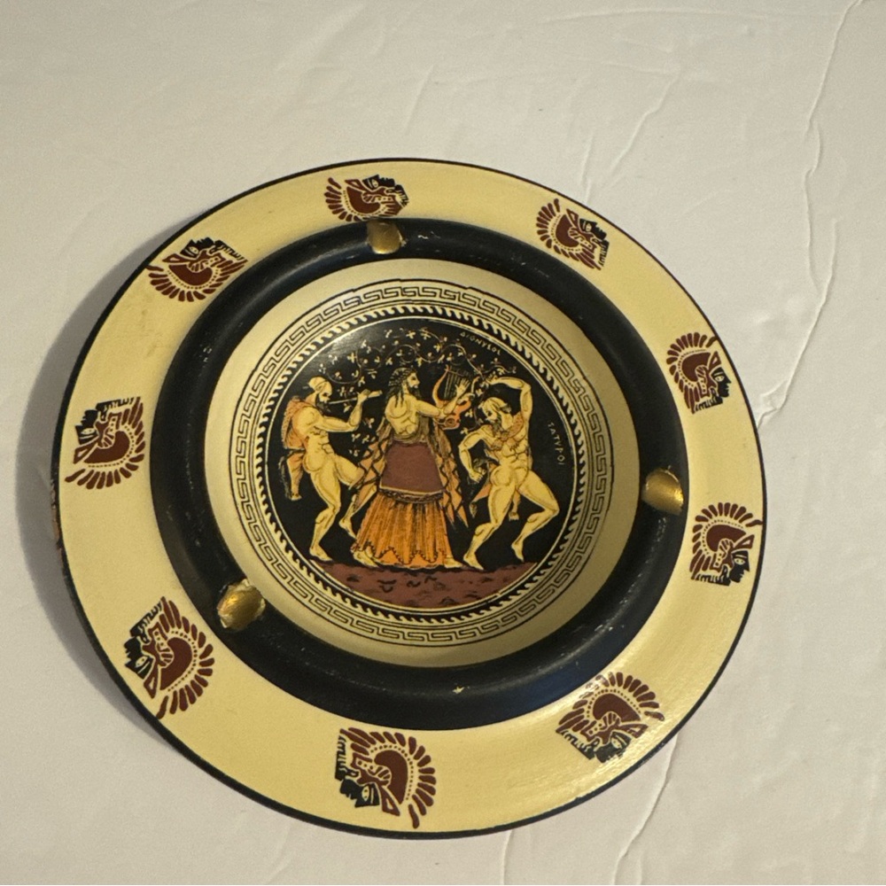 Ashtray Greek Ancient scene terra cotta clay Vintage souvenir 6” Tobacciana